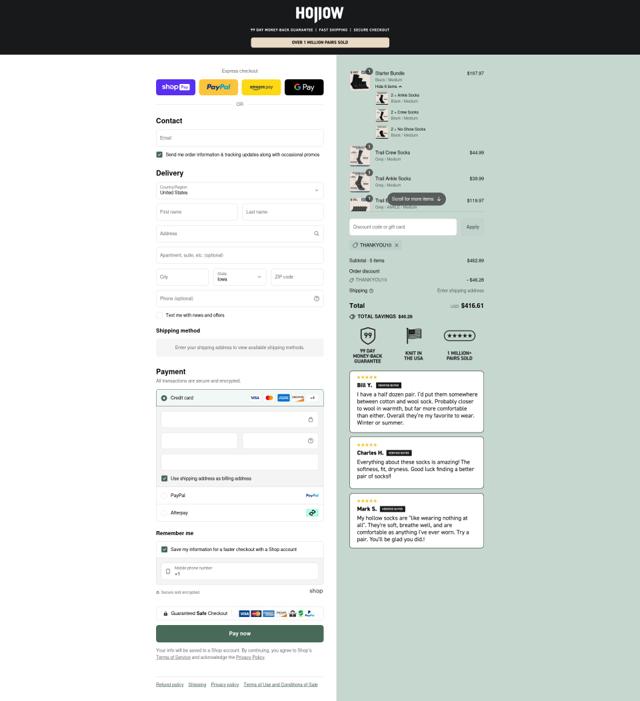 Hollow Socks checkout page showing Hollow Socks discount code box | Screenshot taken by SimplyCodes community member on Aug 27, 2025