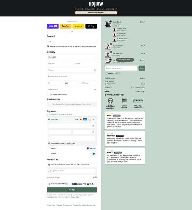Hollow Socks checkout page showing Hollow Socks discount code box | Screenshot taken by SimplyCodes community member on Aug 10, 2025