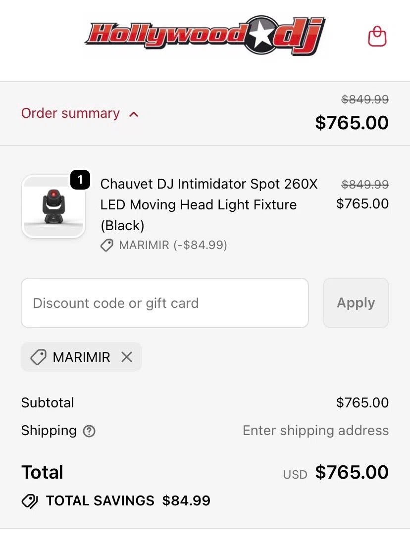 Hollywood DJ discount code screenshot showing code MARIMIR applied at Hollywood DJ checkout page. Uploaded by SimplyCodes community member Treasure777 on Jan 17, 2026