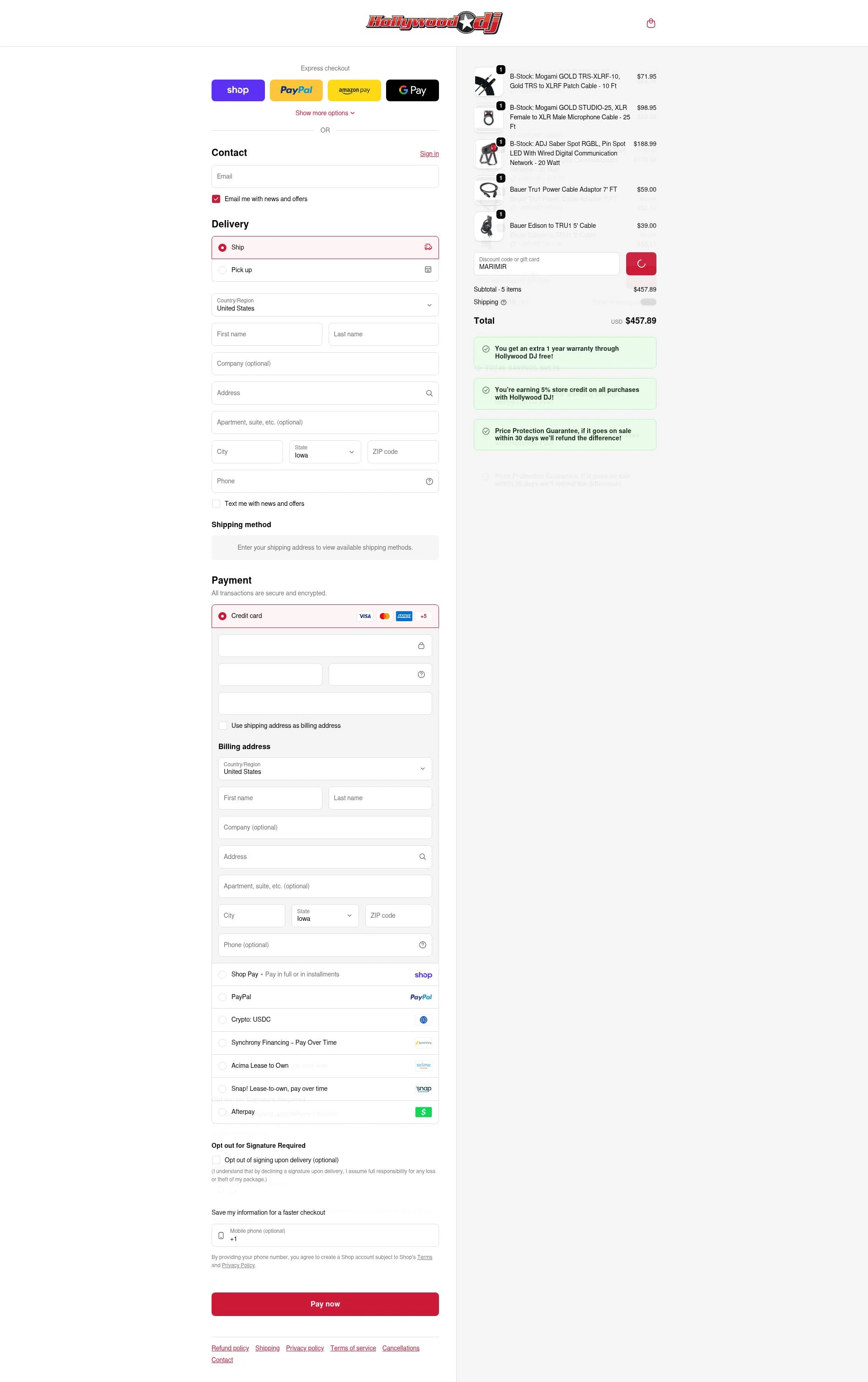 Hollywood DJ checkout page showing Hollywood DJ discount code box | Screenshot taken by SimplyCodes community member on Feb 6, 2026