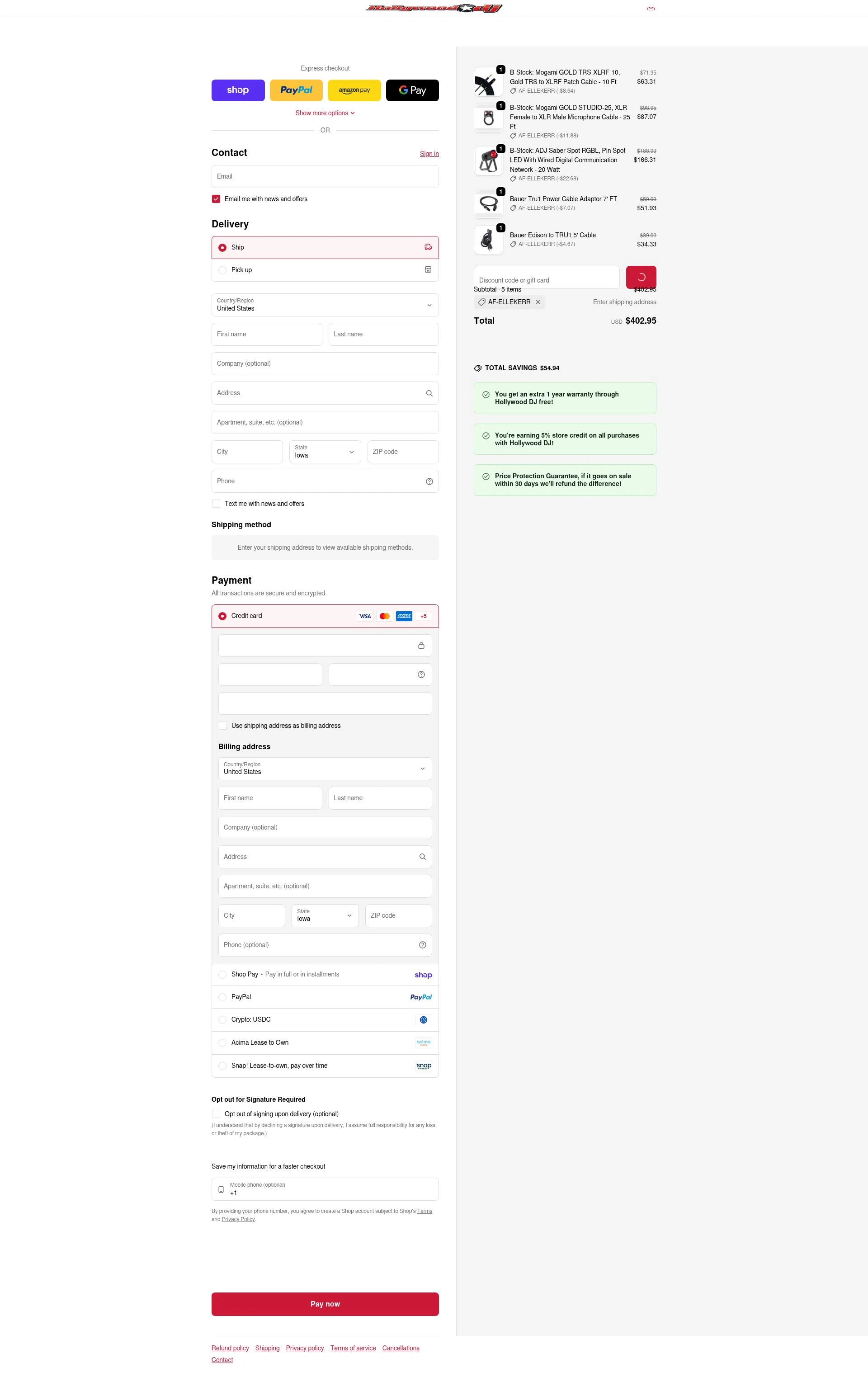 Hollywood DJ checkout page showing Hollywood DJ discount code box | Screenshot taken by SimplyCodes community member on Feb 6, 2026