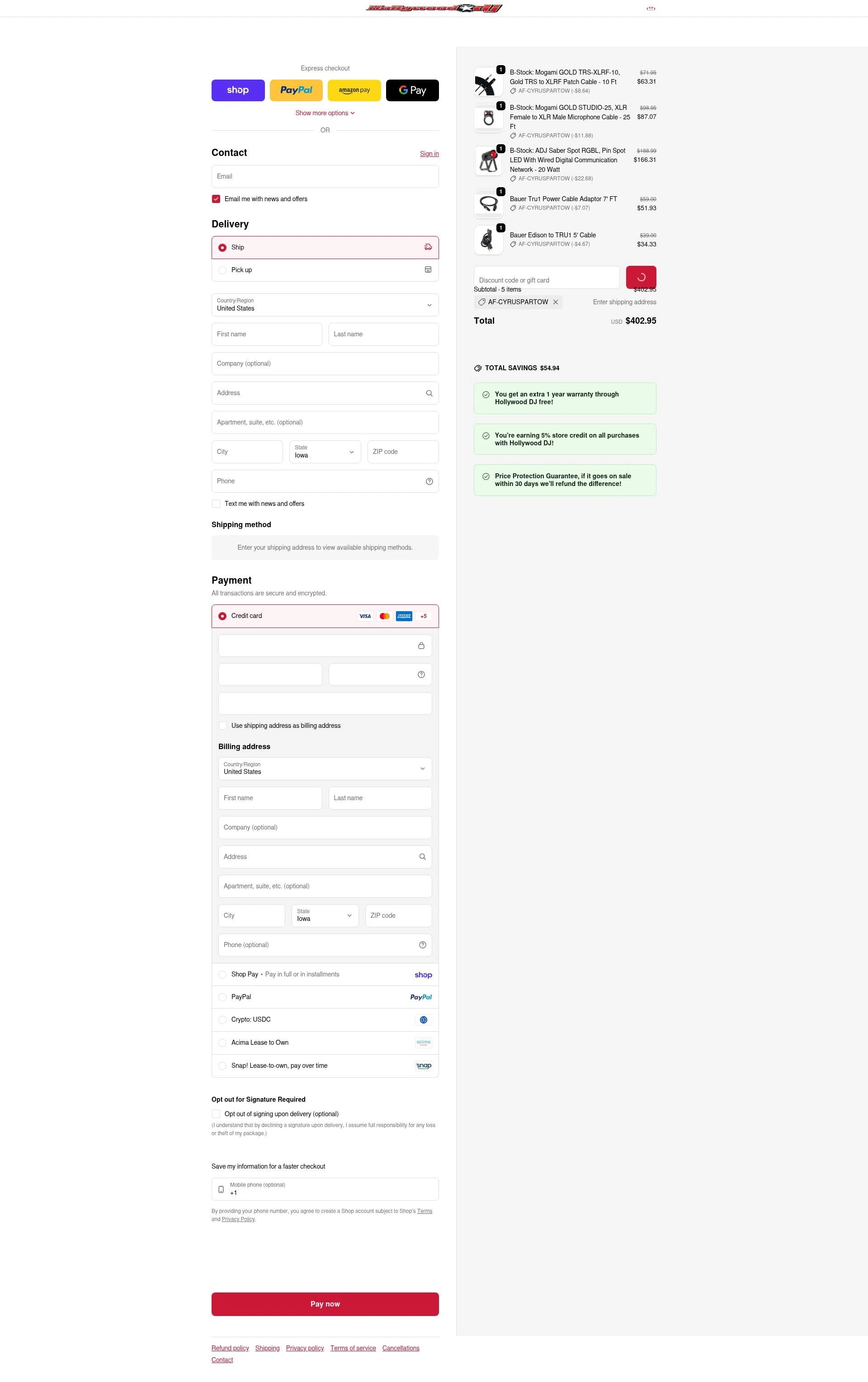 Hollywood DJ checkout page showing Hollywood DJ discount code box | Screenshot taken by SimplyCodes community member on Feb 6, 2026