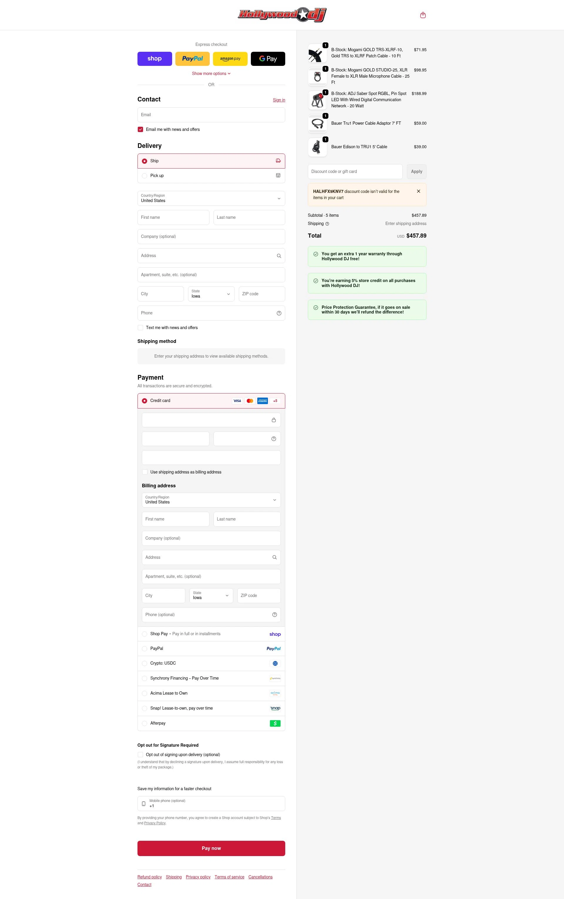 Hollywood DJ checkout page showing Hollywood DJ discount code box | Screenshot taken by SimplyCodes community member on Feb 6, 2026