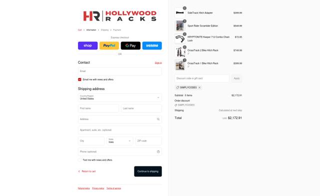 Hollywood Racks checkout page showing Hollywood Racks discount code box | Screenshot taken by SimplyCodes community member on Sep 16, 2025