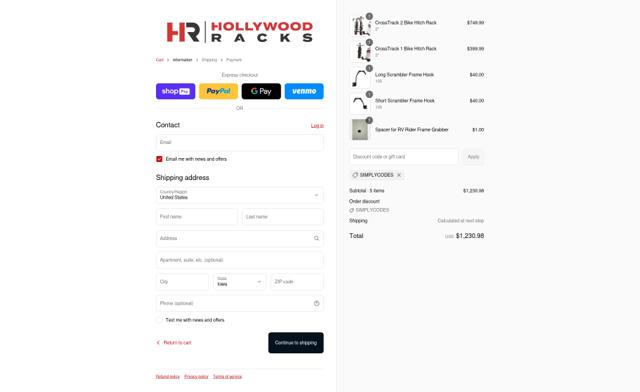 Hollywood Racks checkout page showing Hollywood Racks discount code box | Screenshot taken by SimplyCodes community member on Aug 22, 2025