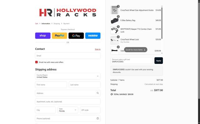 Hollywood Racks checkout page showing Hollywood Racks discount code box | Screenshot taken by SimplyCodes community member on Sep 15, 2025