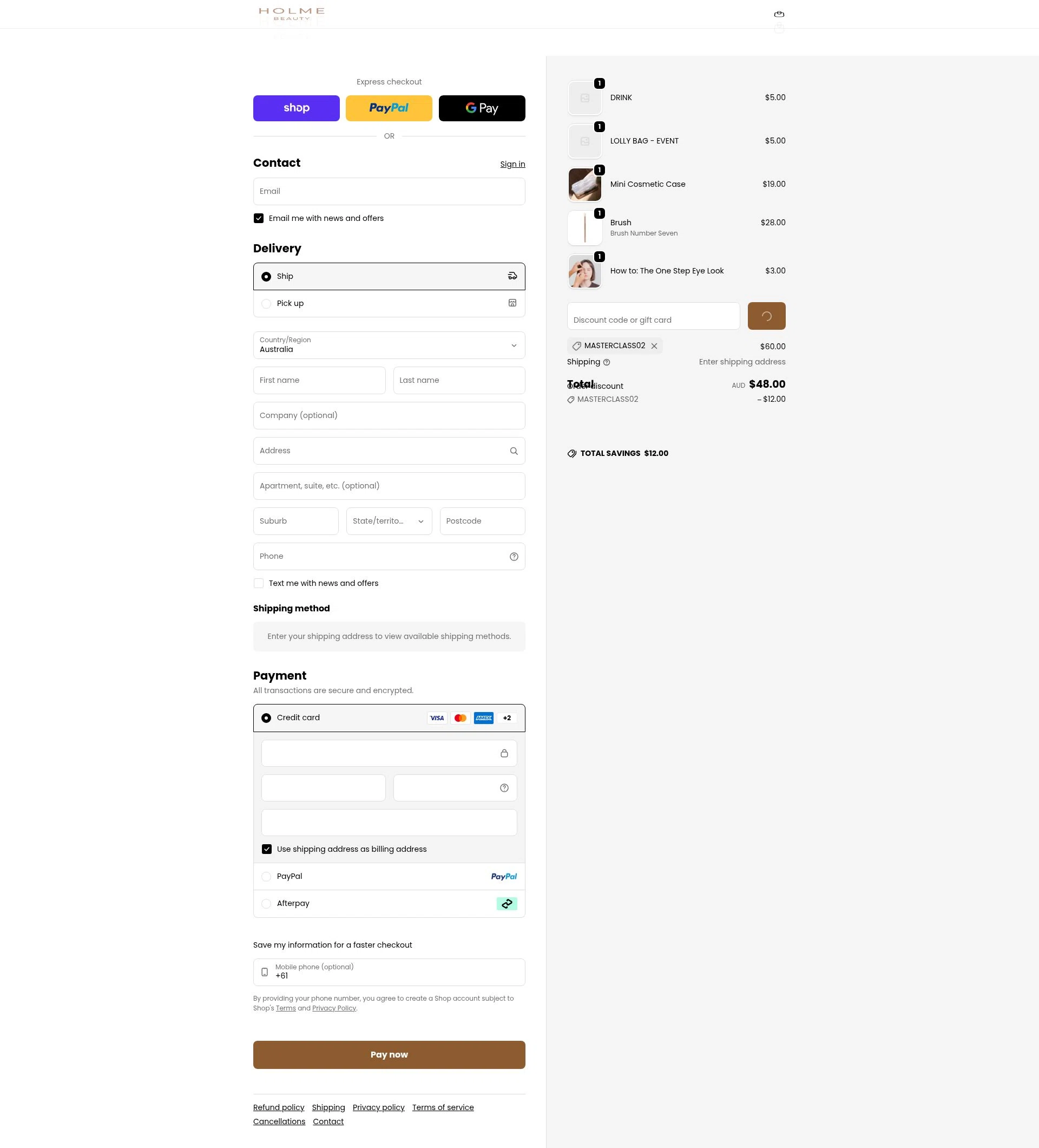 Holme Beauty checkout page showing Holme Beauty discount code box | Screenshot taken by SimplyCodes community member on Feb 10, 2026
