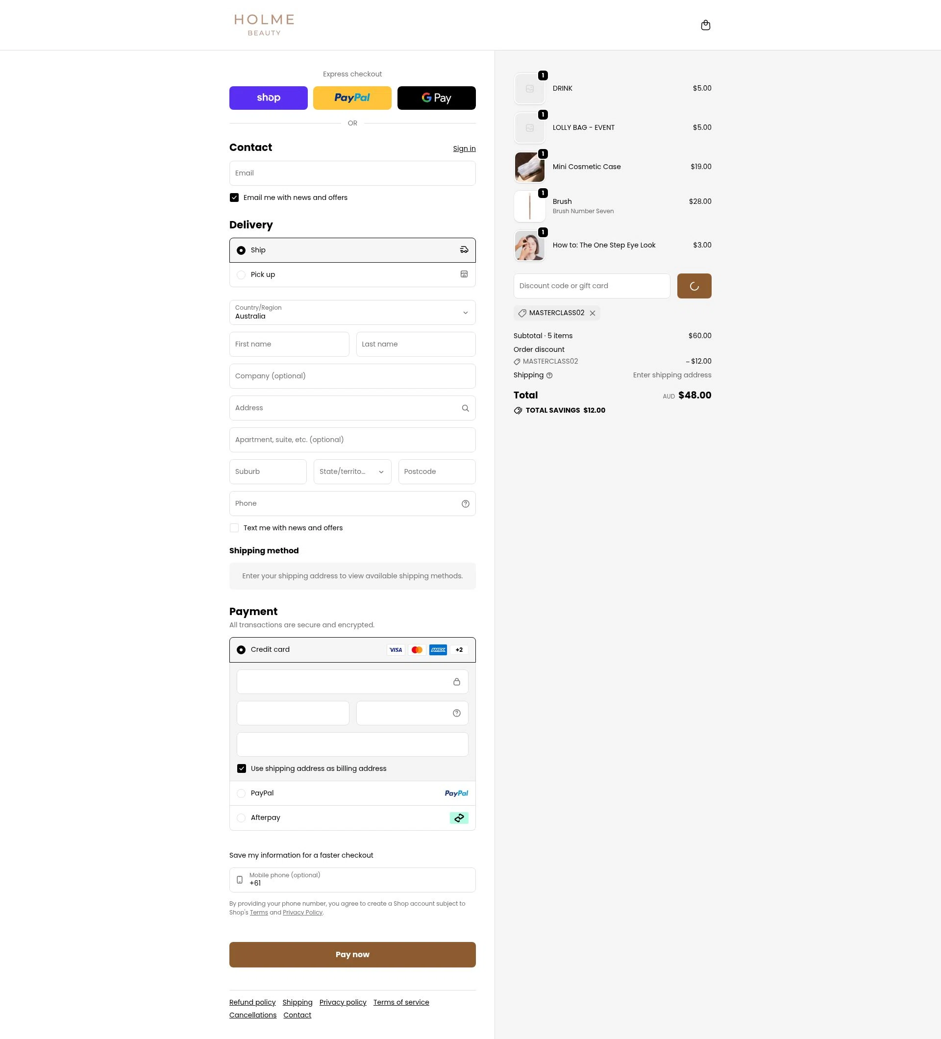 Holme Beauty checkout page showing Holme Beauty discount code box | Screenshot taken by SimplyCodes community member on Feb 5, 2026