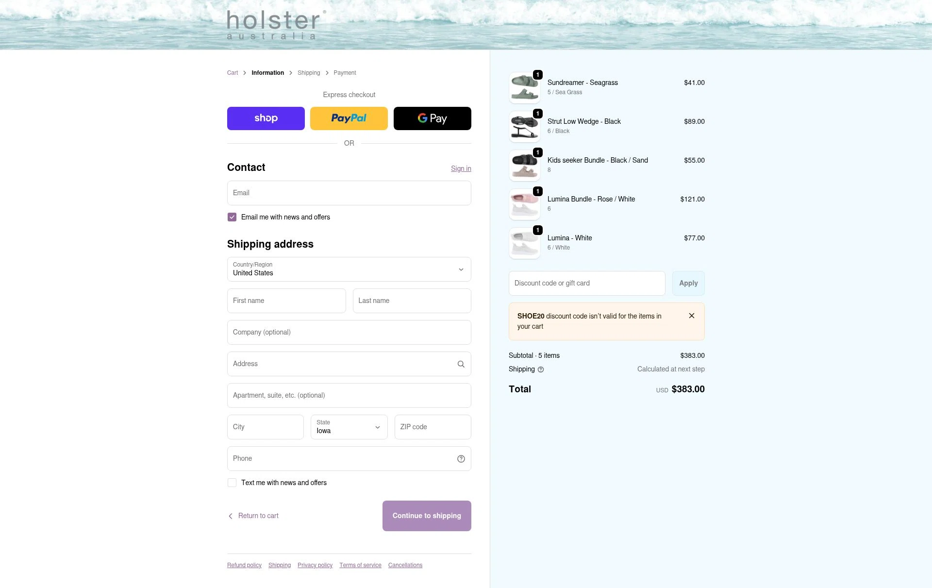 Holster Fashion checkout page showing Holster Fashion promo code box | Screenshot taken by SimplyCodes community member on Jan 14, 2026