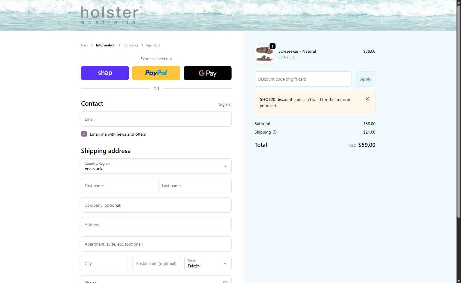 Holster Fashion checkout page showing Holster Fashion promo code box | Screenshot taken by SimplyCodes community member on Jan 21, 2026