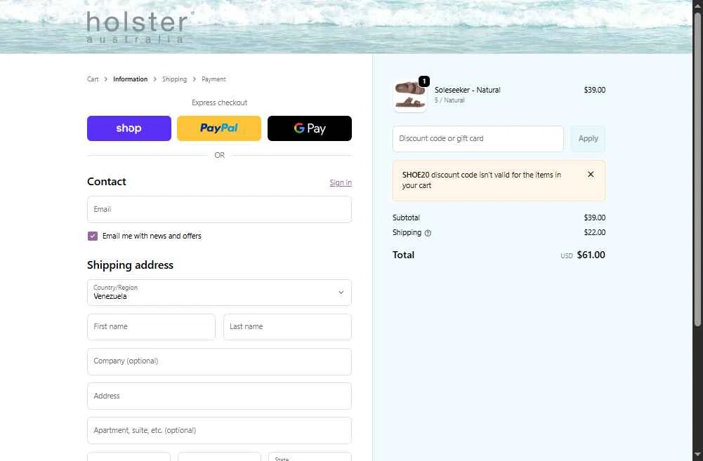 Holster Fashion checkout page showing Holster Fashion promo code box | Screenshot taken by SimplyCodes community member on Feb 6, 2026
