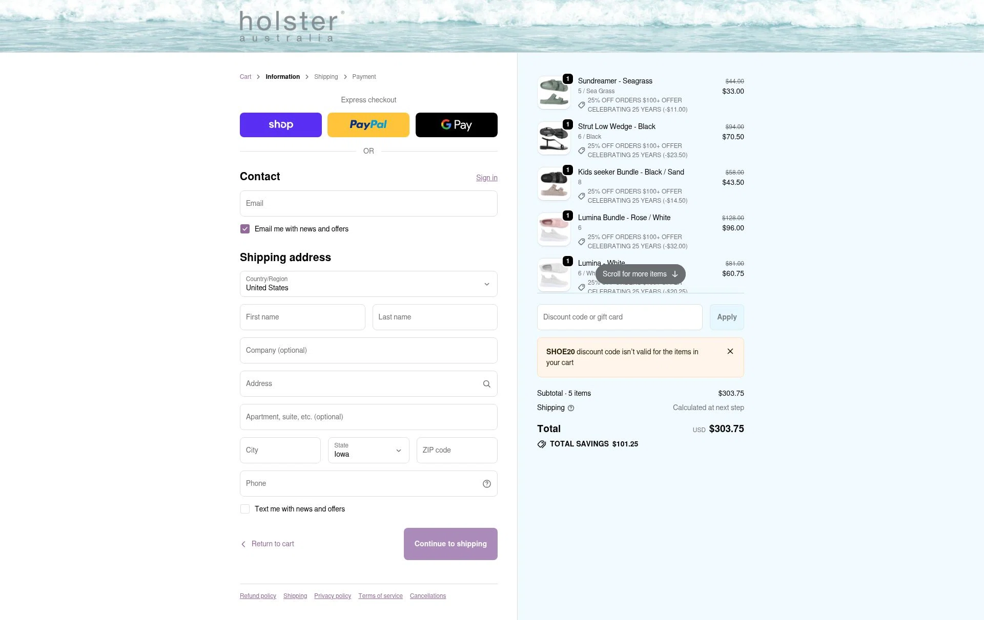 Holster Fashion checkout page showing Holster Fashion promo code box | Screenshot taken by SimplyCodes community member on Feb 14, 2026