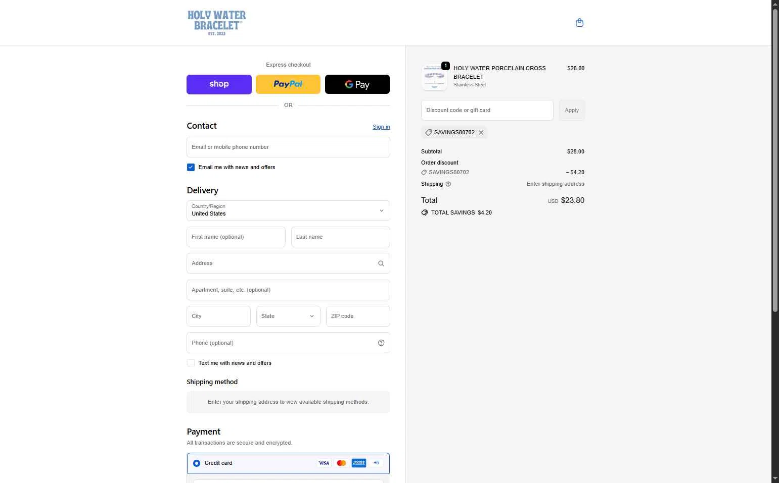 Holy Water Bracelet checkout page showing Holy Water Bracelet coupon code box | Screenshot taken by SimplyCodes community member on Feb 17, 2026