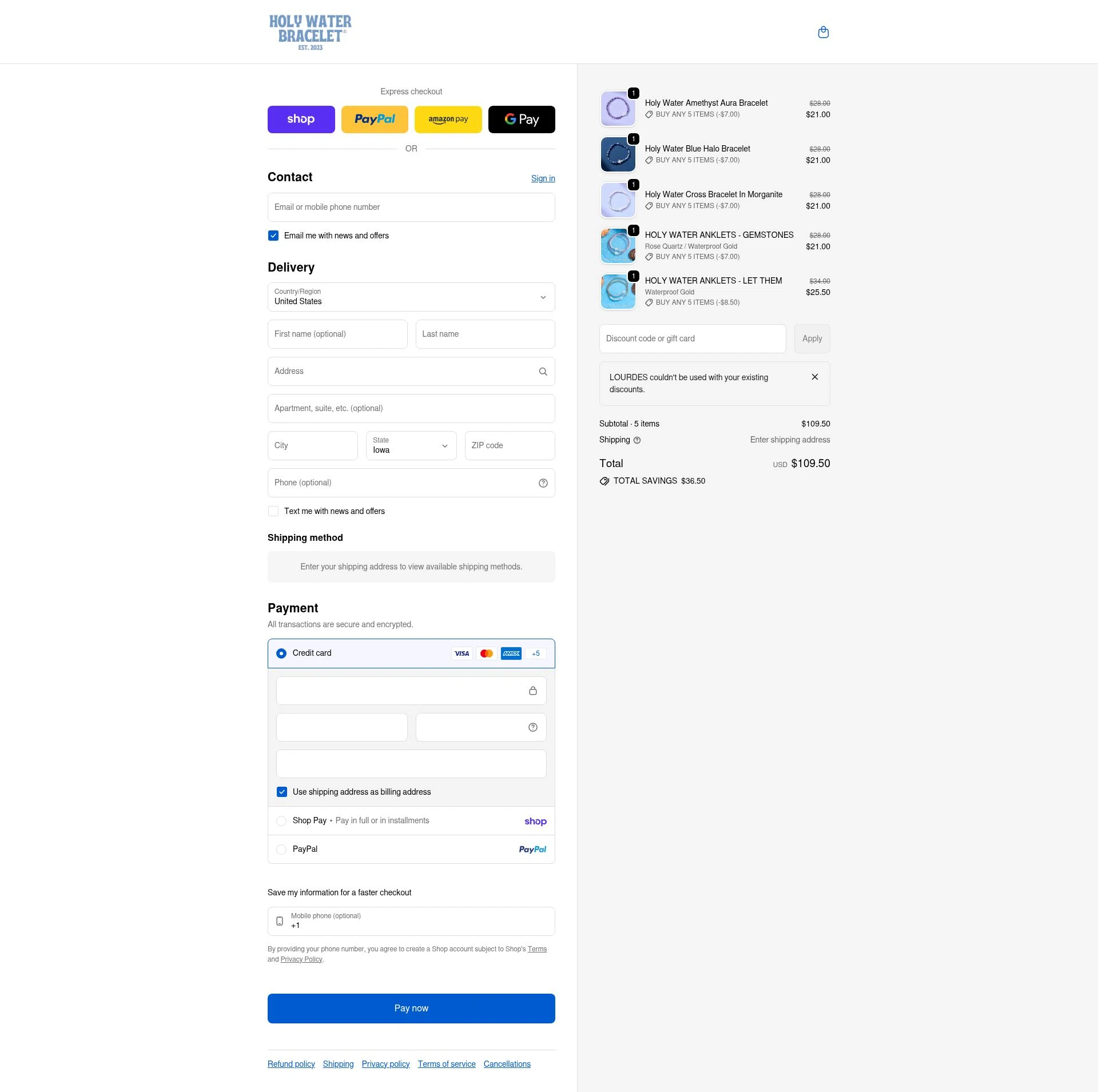 Holy Water Bracelet checkout page showing Holy Water Bracelet coupon code box | Screenshot taken by SimplyCodes community member on Feb 17, 2026