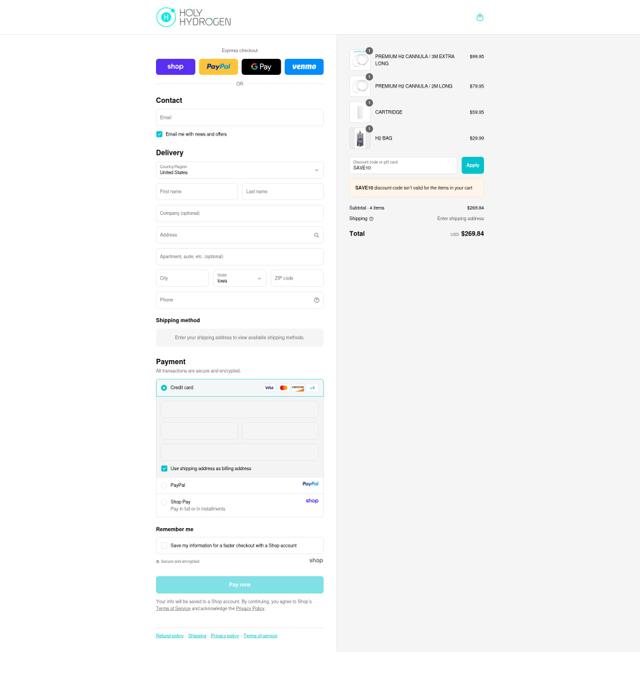 Holy Hydrogen checkout page showing Holy Hydrogen discount code box | Screenshot taken by SimplyCodes community member on Sep 17, 2025