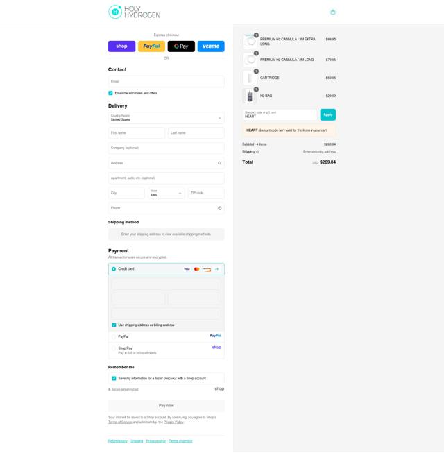 Holy Hydrogen checkout page showing Holy Hydrogen discount code box | Screenshot taken by SimplyCodes community member on Sep 17, 2025