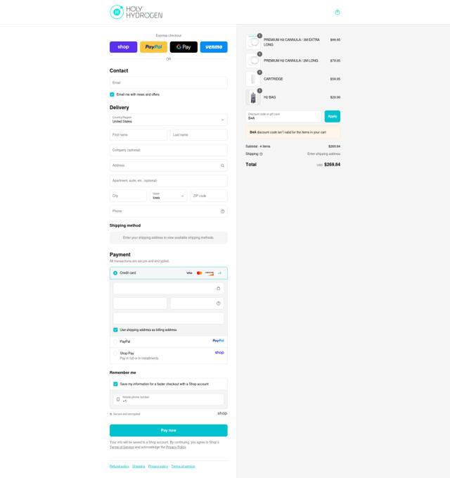 Holy Hydrogen checkout page showing Holy Hydrogen discount code box | Screenshot taken by SimplyCodes community member on Sep 17, 2025