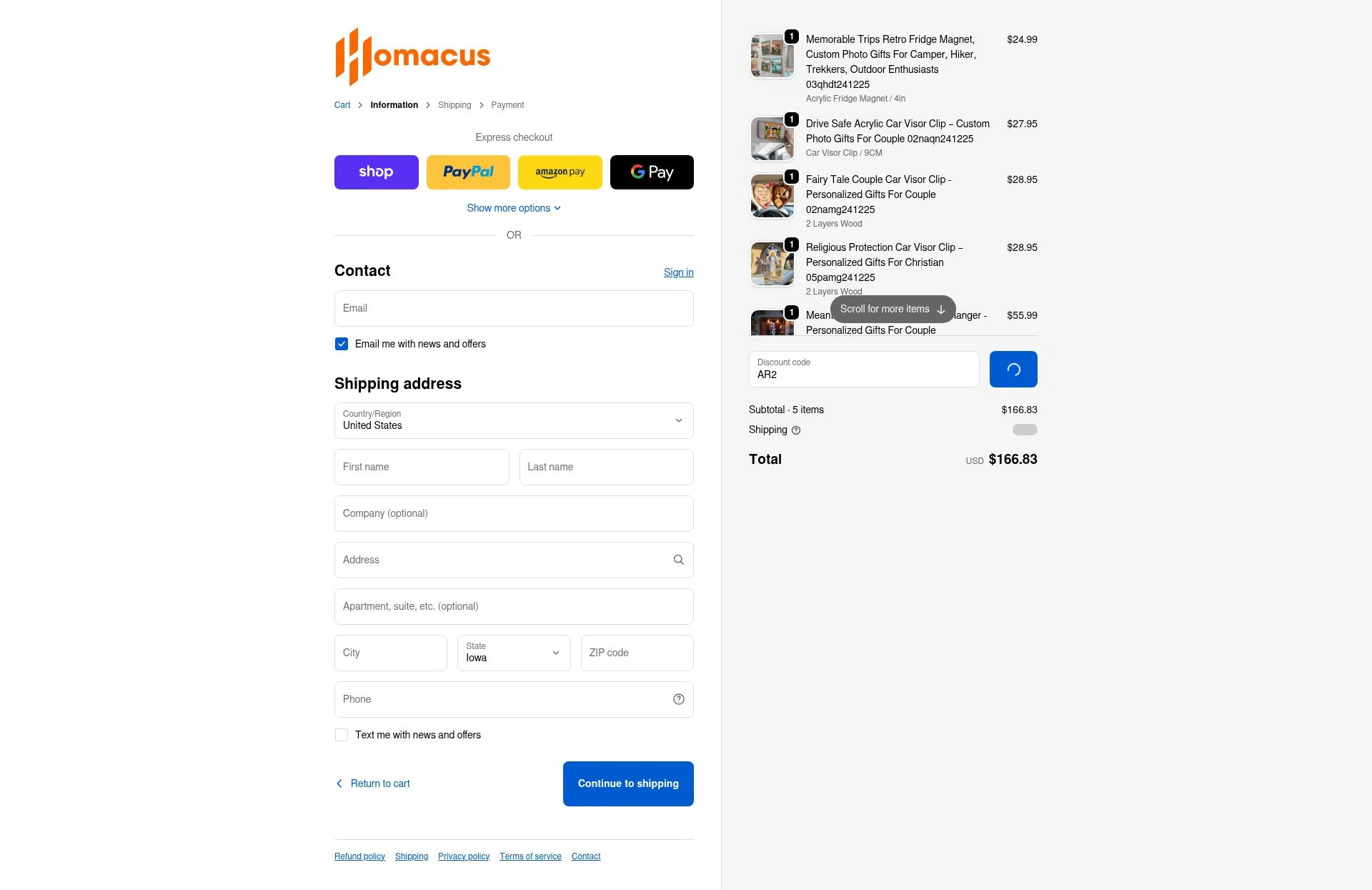 Homacus checkout page showing Homacus discount code box | Screenshot taken by SimplyCodes community member on Feb 5, 2026