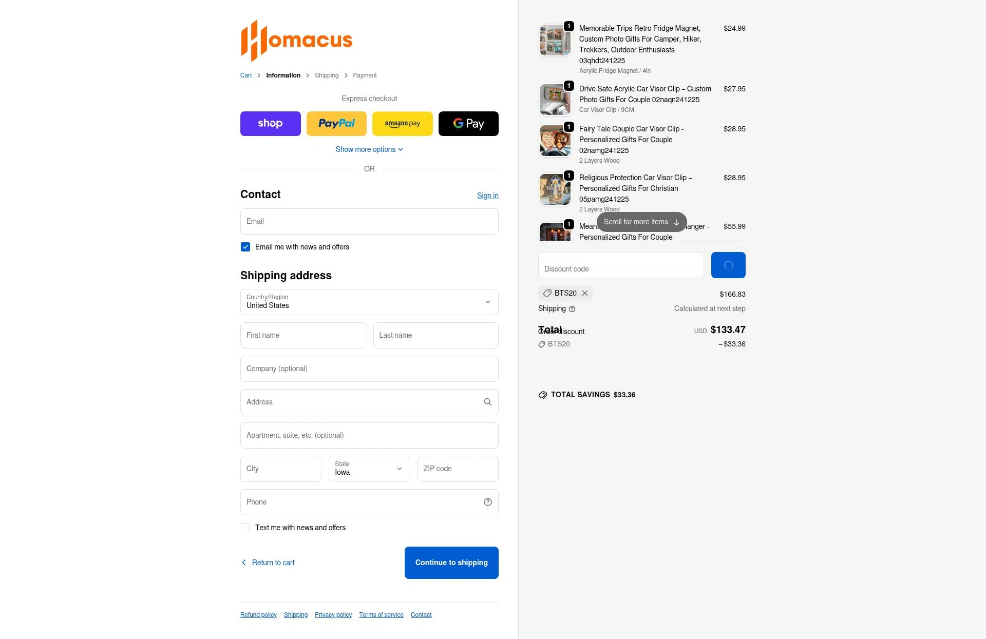 Homacus checkout page showing Homacus discount code box | Screenshot taken by SimplyCodes community member on Feb 5, 2026