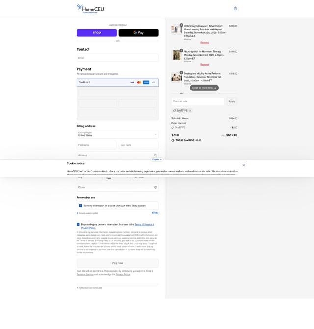 HomeCEUConnection checkout page showing HomeCEUConnection coupon code box | Screenshot taken by SimplyCodes community member on Sep 11, 2025