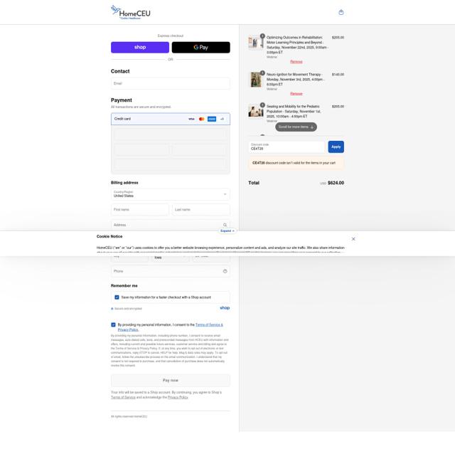 HomeCEUConnection checkout page showing HomeCEUConnection coupon code box | Screenshot taken by SimplyCodes community member on Sep 16, 2025