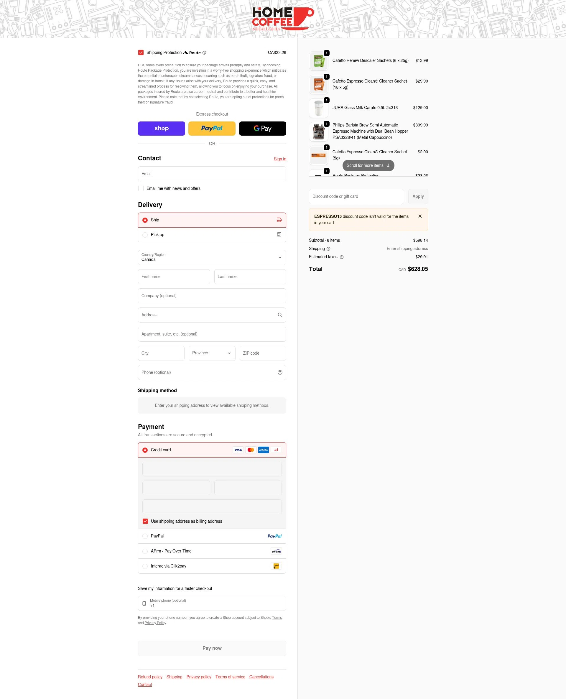 Home Coffee Solutions checkout page showing Home Coffee Solutions discount code box | Screenshot taken by SimplyCodes community member on Feb 3, 2026