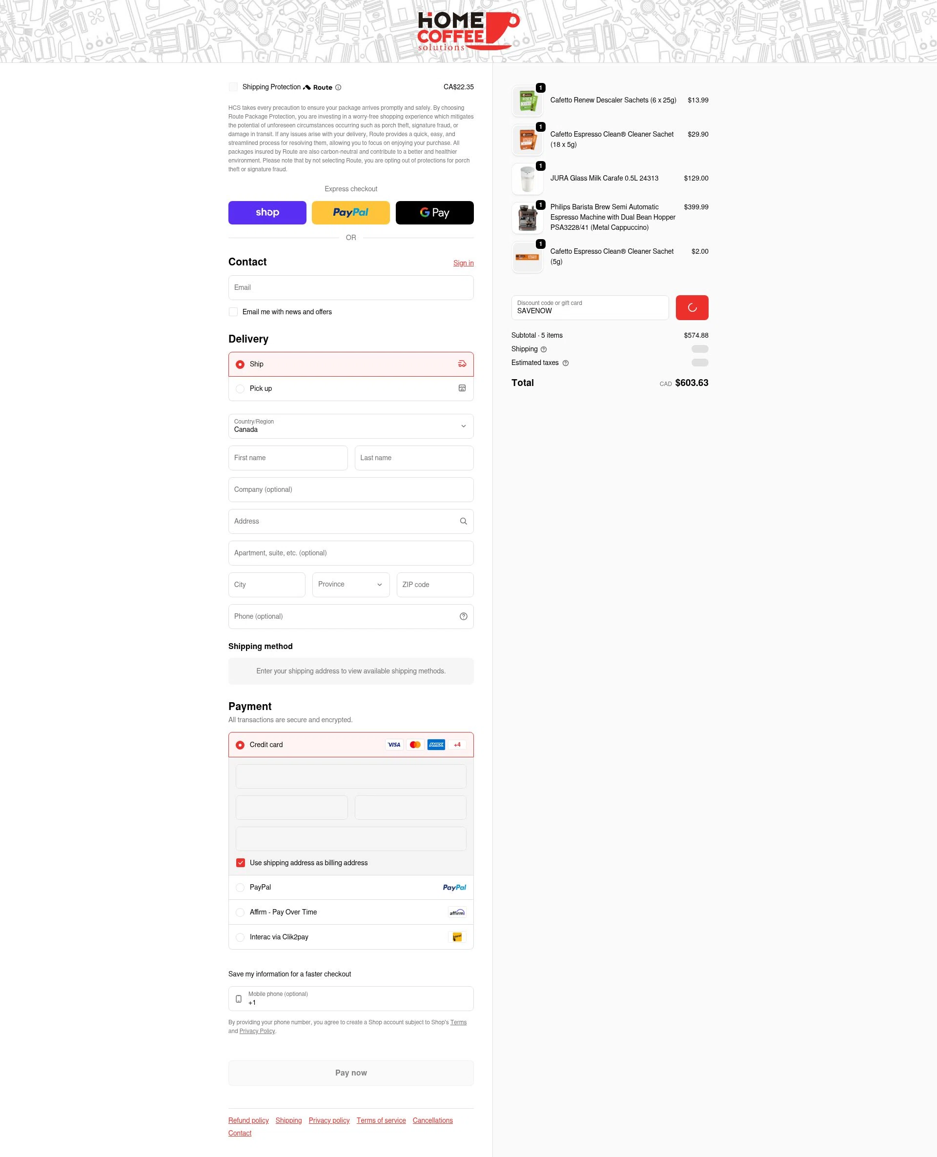 Home Coffee Solutions checkout page showing Home Coffee Solutions discount code box | Screenshot taken by SimplyCodes community member on Feb 3, 2026