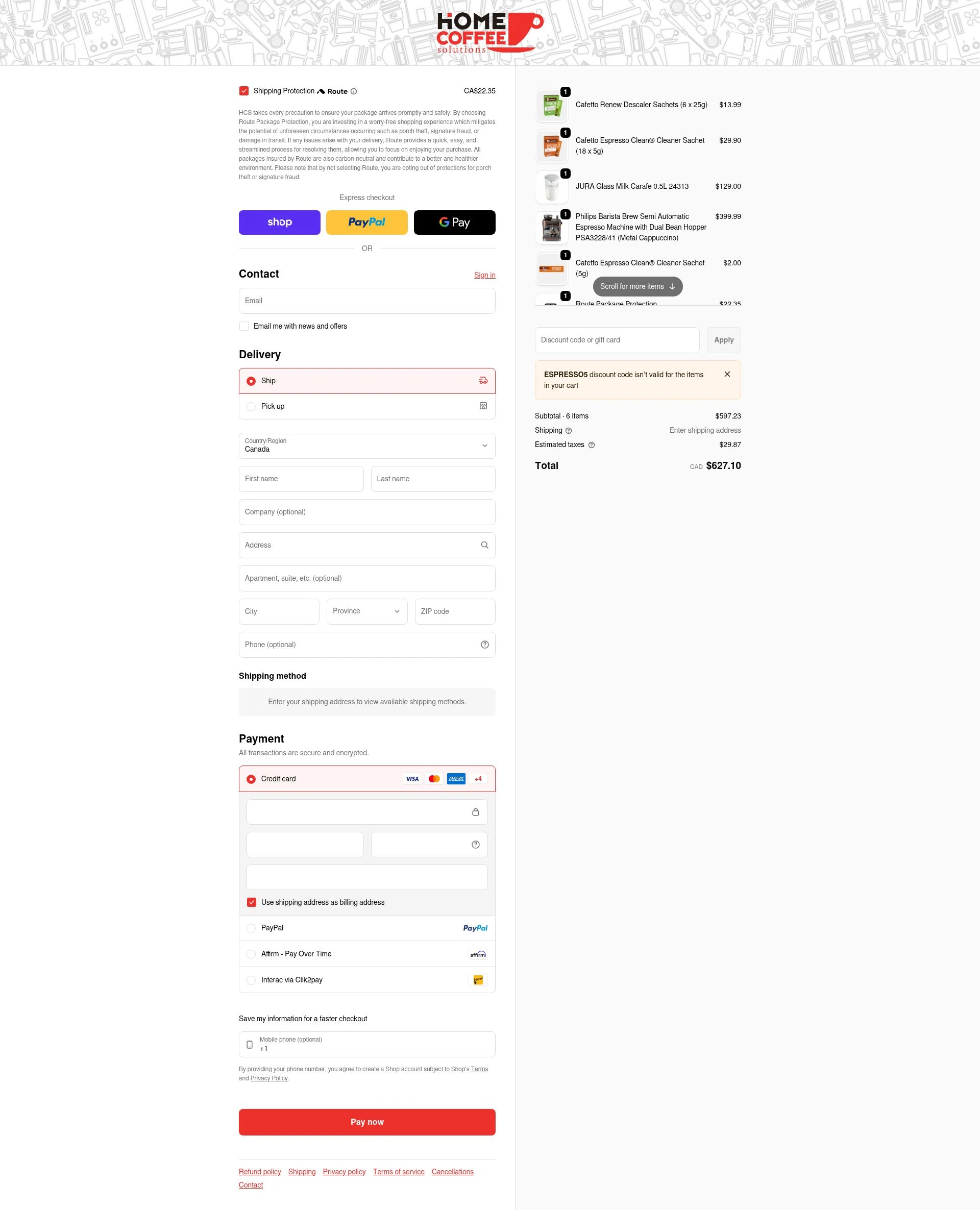 Home Coffee Solutions checkout page showing Home Coffee Solutions discount code box | Screenshot taken by SimplyCodes community member on Feb 3, 2026