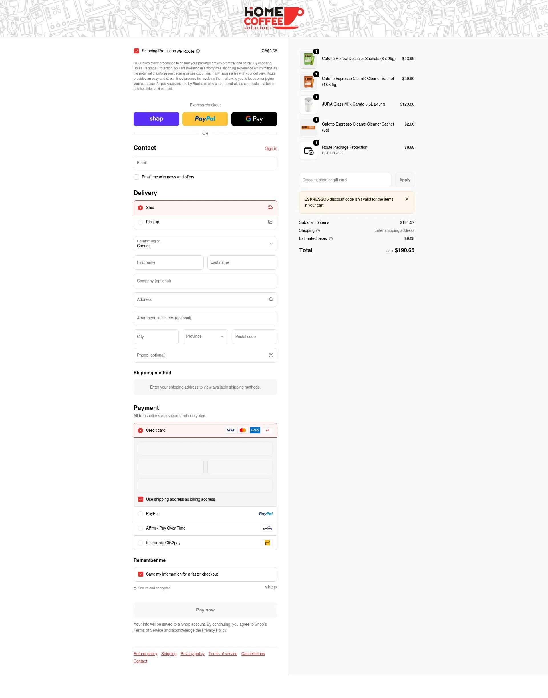 Home Coffee Solutions checkout page showing Home Coffee Solutions discount code box | Screenshot taken by SimplyCodes community member on Jan 29, 2026