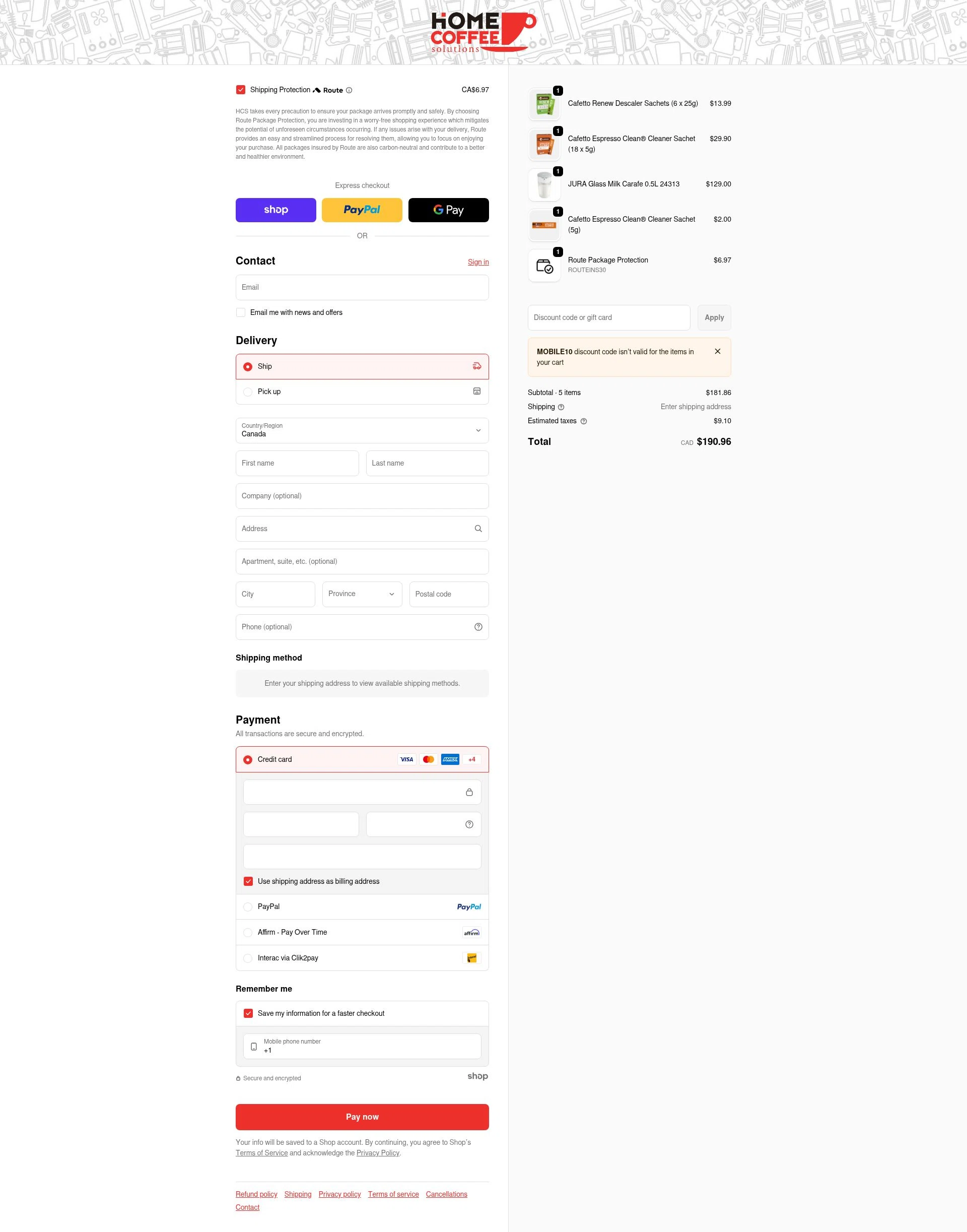 Home Coffee Solutions checkout page showing Home Coffee Solutions discount code box | Screenshot taken by SimplyCodes community member on Jan 29, 2026