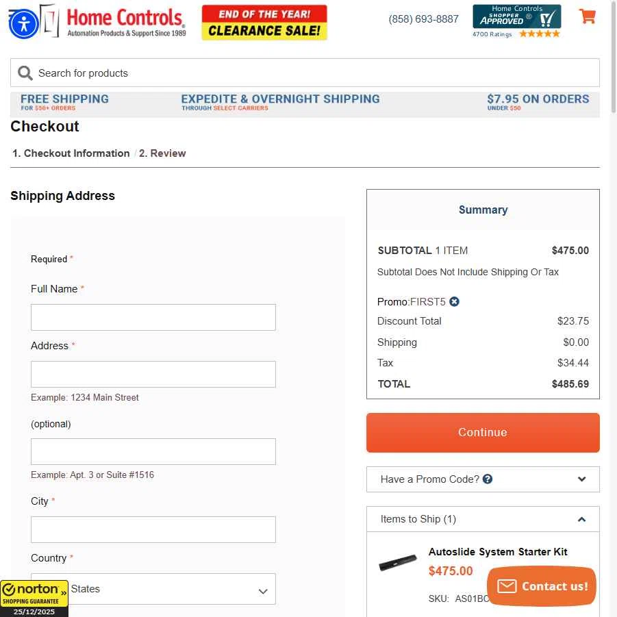 Home Controls checkout page showing Home Controls promo code box | Screenshot taken by SimplyCodes community member on Dec 25, 2025