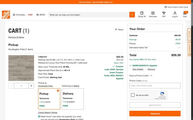 Home Depot checkout page showing Home Depot promo code box | Screenshot taken by SimplyCodes community member on Aug 23, 2025