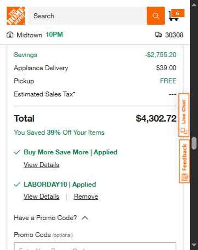 Home Depot checkout page showing Home Depot promo code box | Screenshot taken by SimplyCodes community member on Aug 26, 2025