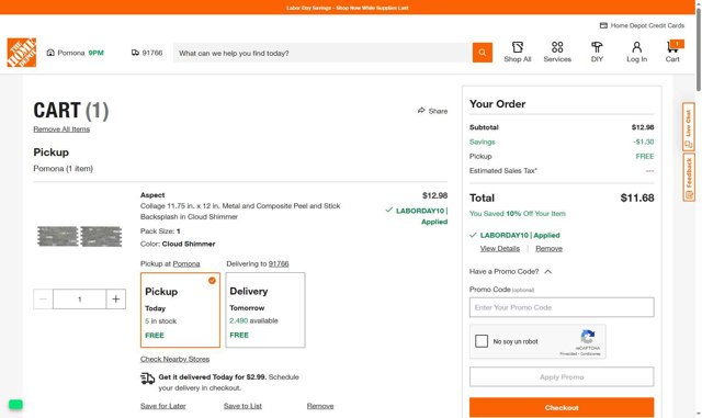 Home Depot checkout page showing Home Depot promo code box | Screenshot taken by SimplyCodes community member on Aug 25, 2025
