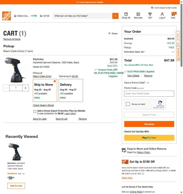 Home Depot checkout page showing Home Depot promo code box | Screenshot taken by SimplyCodes community member on Aug 18, 2025