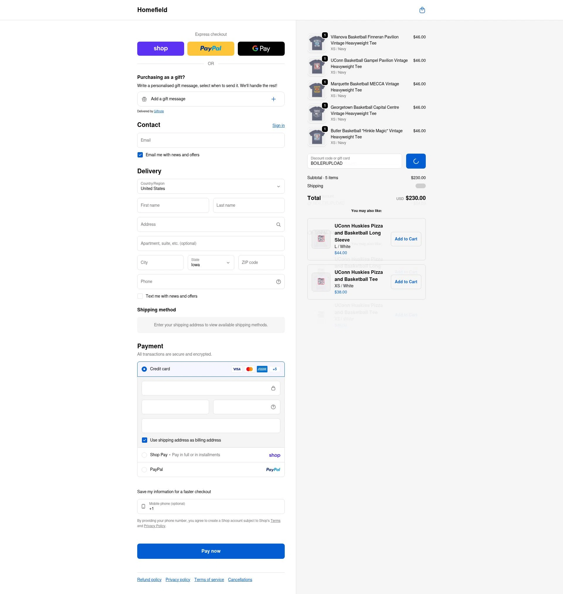 Homefield Apparel checkout page showing Homefield Apparel discount code box | Screenshot taken by SimplyCodes community member on Feb 11, 2026