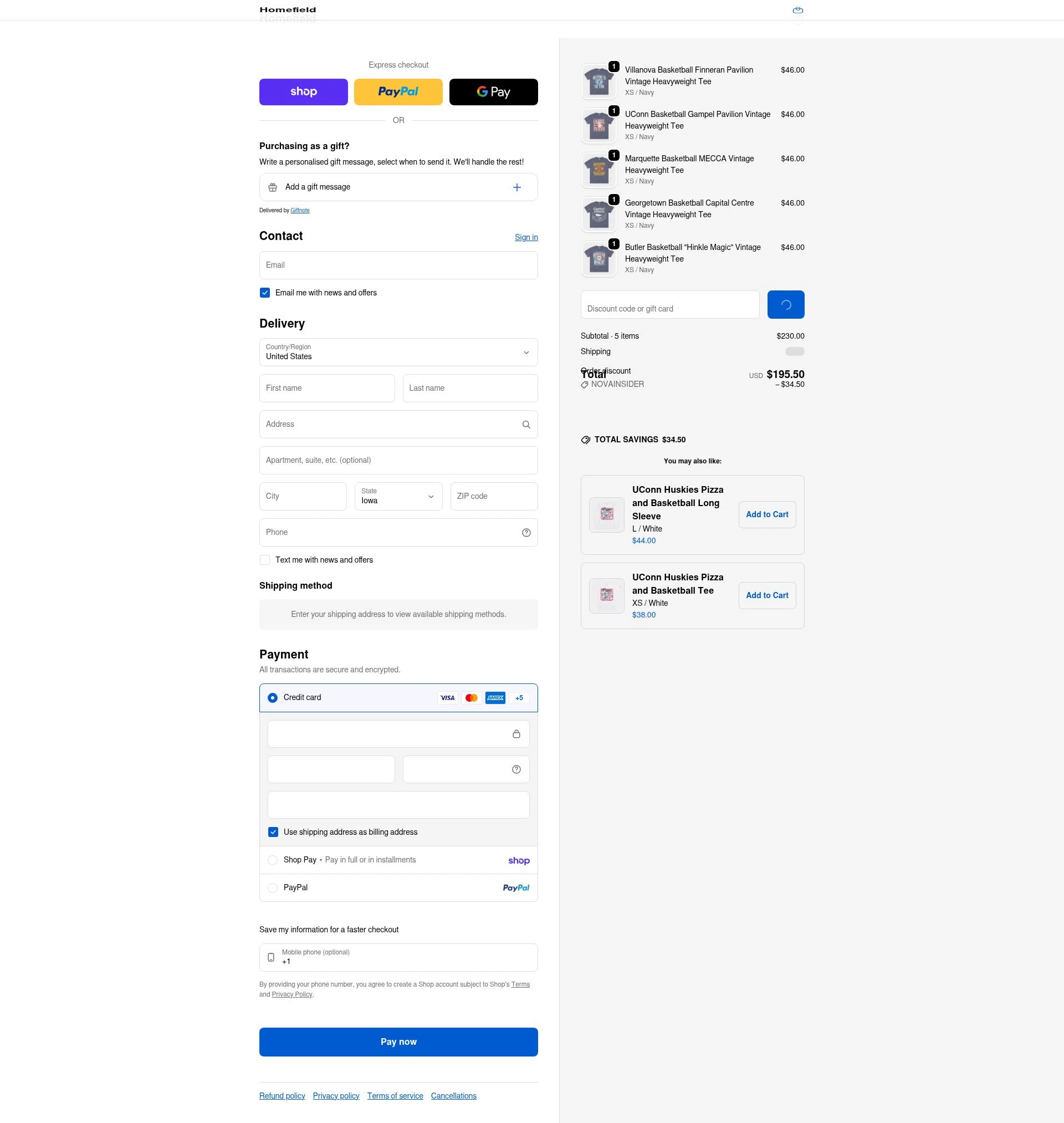 Homefield Apparel checkout page showing Homefield Apparel discount code box | Screenshot taken by SimplyCodes community member on Feb 11, 2026
