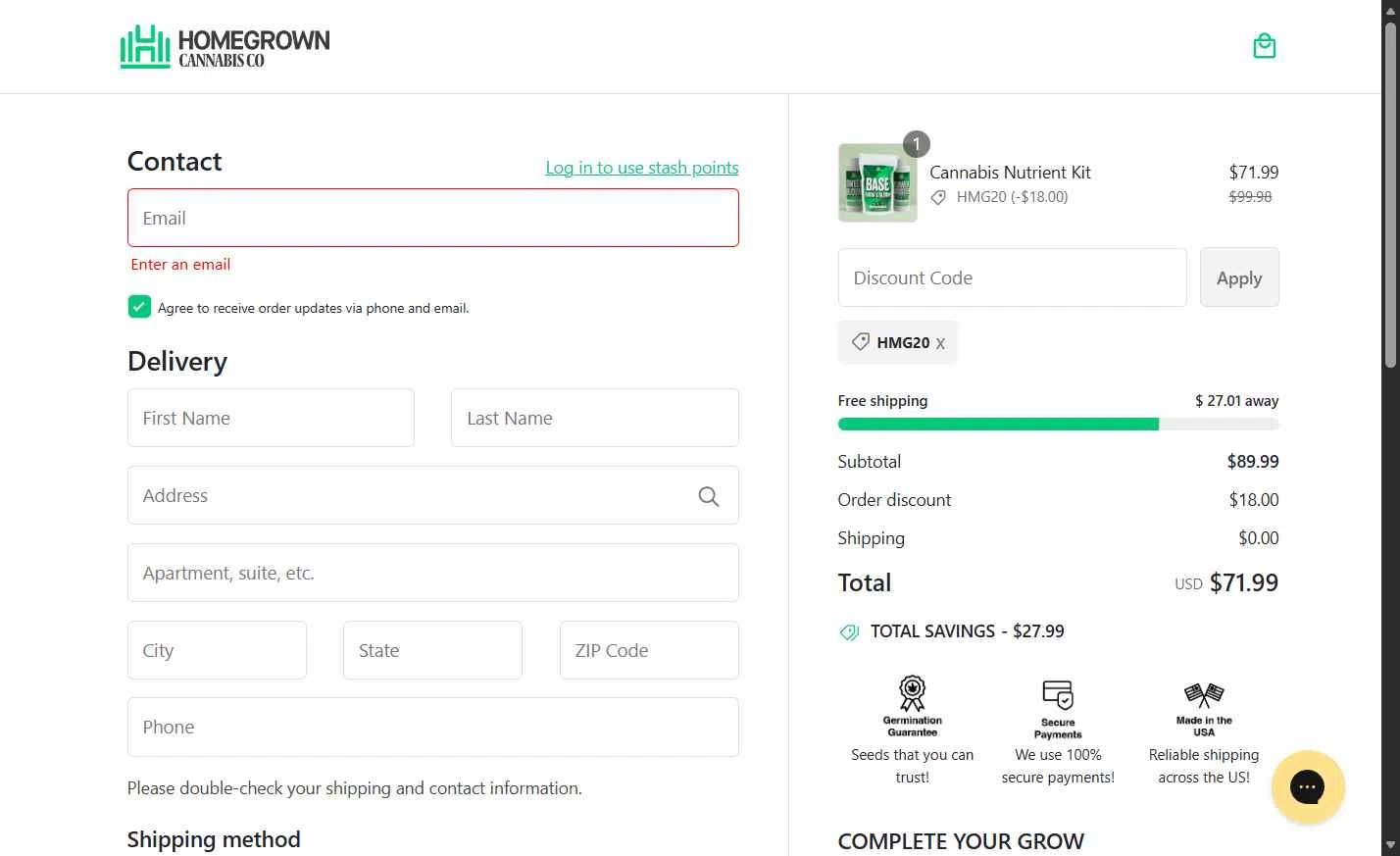 Homegrown Cannabis checkout page showing Homegrown Cannabis promo code box | Screenshot taken by SimplyCodes community member on Feb 6, 2026