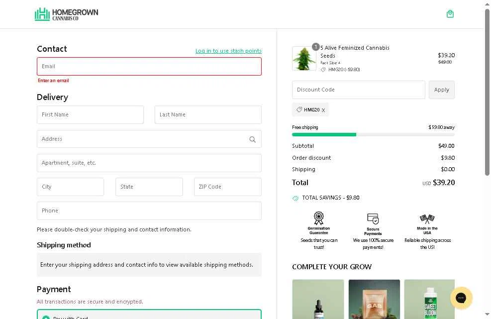 Homegrown Cannabis checkout page showing Homegrown Cannabis promo code box | Screenshot taken by SimplyCodes community member on Nov 14, 2025
