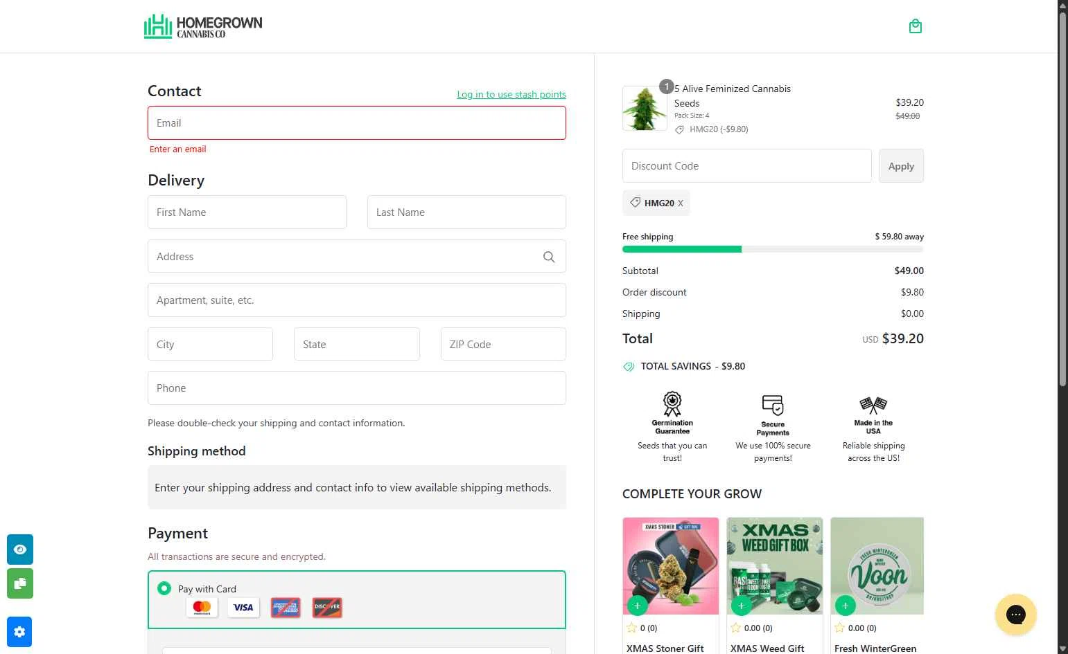 Homegrown Cannabis checkout page showing Homegrown Cannabis promo code box | Screenshot taken by SimplyCodes community member on Dec 15, 2025