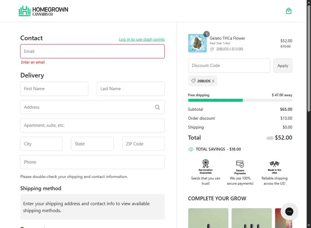 Homegrown Cannabis checkout page showing Homegrown Cannabis promo code box | Screenshot taken by SimplyCodes community member on Jan 11, 2026