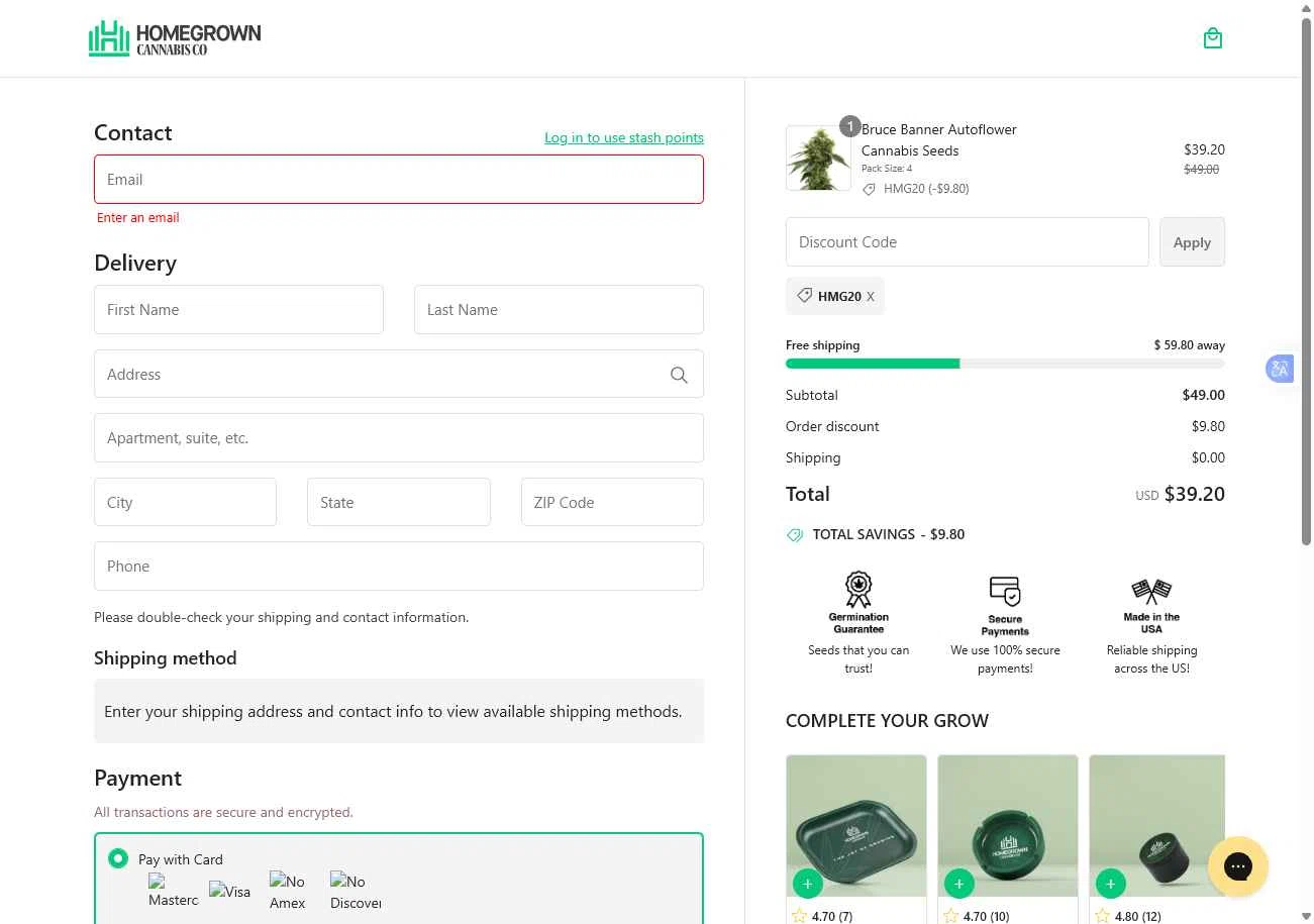 Homegrown Cannabis checkout page showing Homegrown Cannabis promo code box | Screenshot taken by SimplyCodes community member on Nov 24, 2025