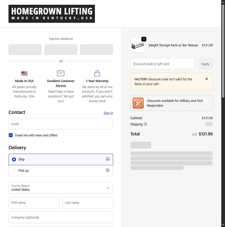 HomeGrown Lifting checkout page showing HomeGrown Lifting discount code box | Screenshot taken by SimplyCodes community member on Feb 13, 2026