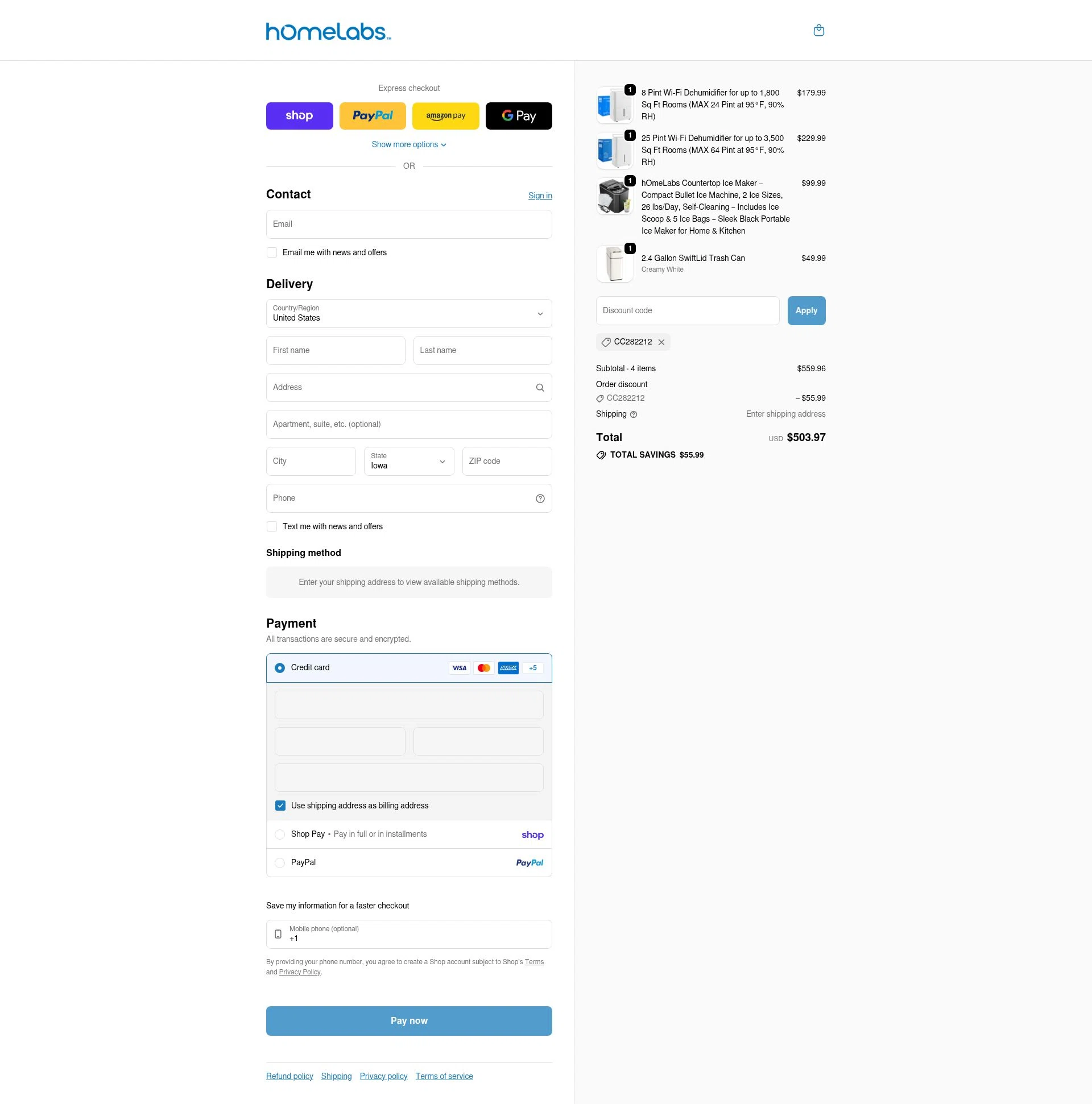 Home Labs checkout page showing Home Labs discount code box | Screenshot taken by SimplyCodes community member on Feb 1, 2026