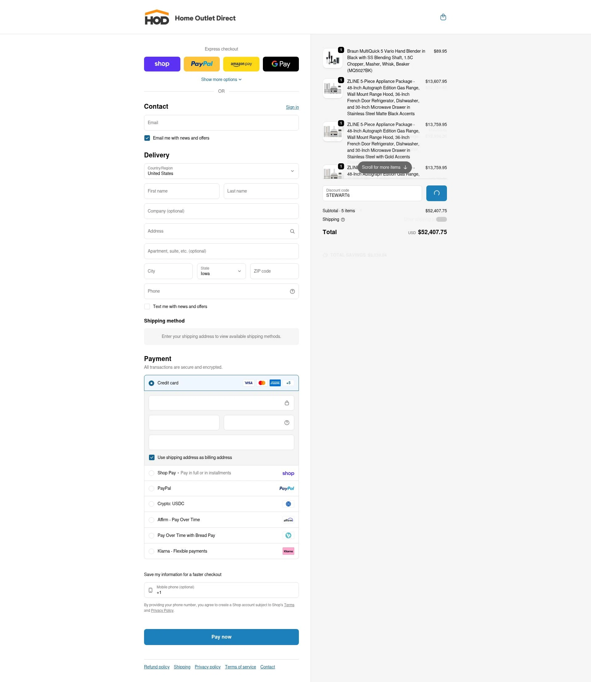 Home Outlet Direct checkout page showing Home Outlet Direct discount code box | Screenshot taken by SimplyCodes community member on Feb 5, 2026