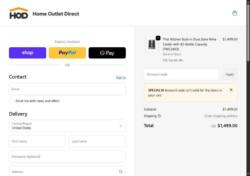 Home Outlet Direct checkout page showing Home Outlet Direct discount code box | Screenshot taken by SimplyCodes community member on Jan 30, 2026