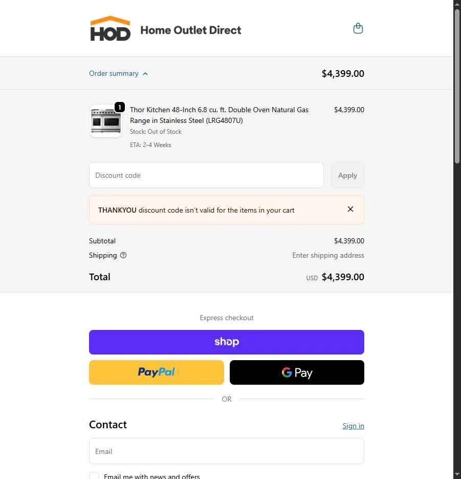Home Outlet Direct checkout page showing Home Outlet Direct discount code box | Screenshot taken by SimplyCodes community member on Jan 30, 2026