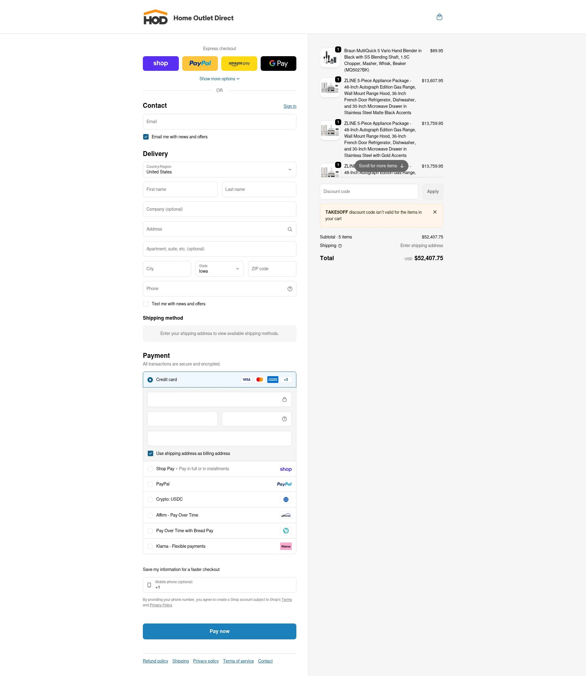Home Outlet Direct checkout page showing Home Outlet Direct discount code box | Screenshot taken by SimplyCodes community member on Feb 5, 2026
