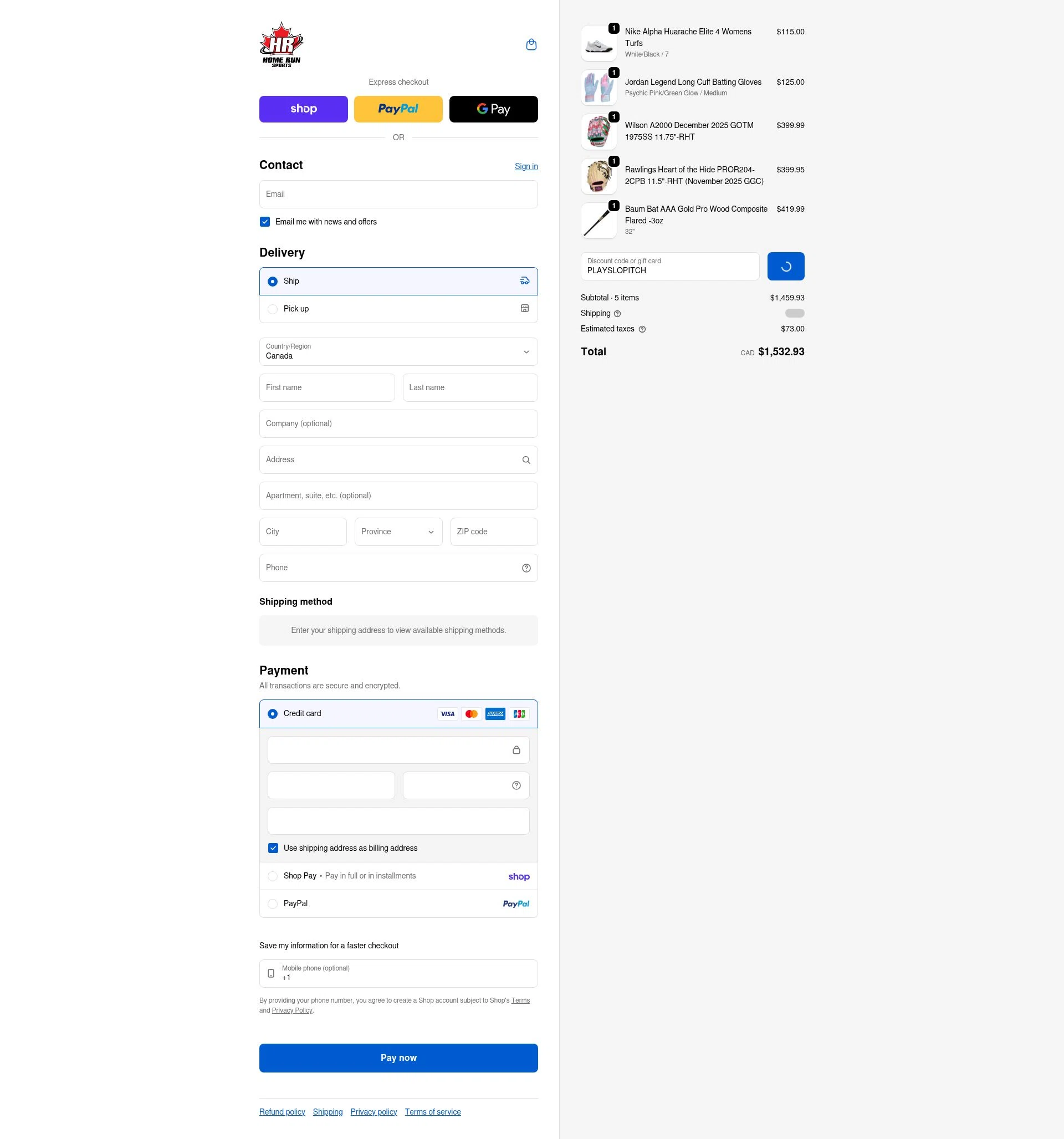 Home Run Sports checkout page showing Home Run Sports promo code box | Screenshot taken by SimplyCodes community member on Feb 18, 2026