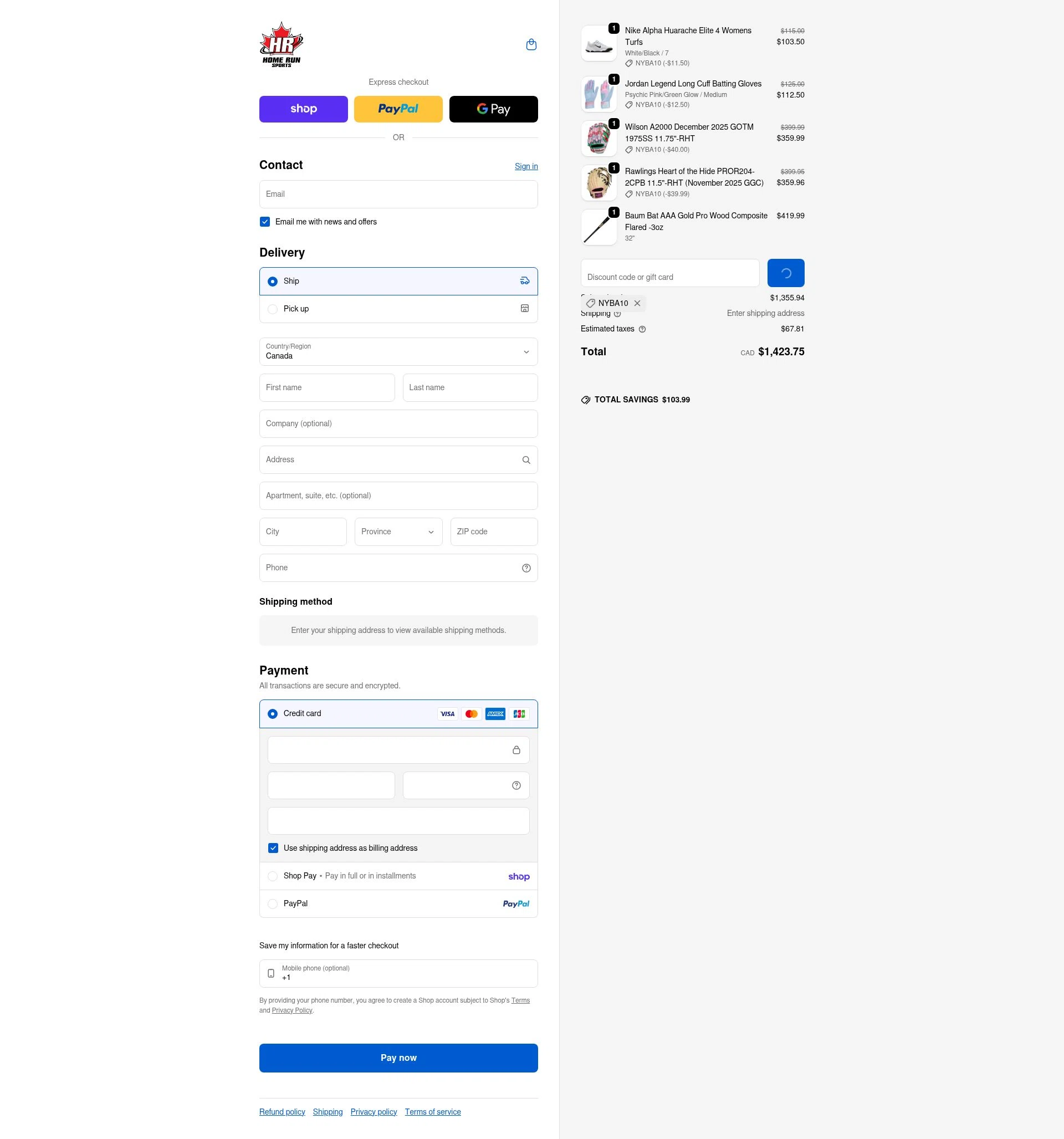 Home Run Sports checkout page showing Home Run Sports promo code box | Screenshot taken by SimplyCodes community member on Feb 14, 2026